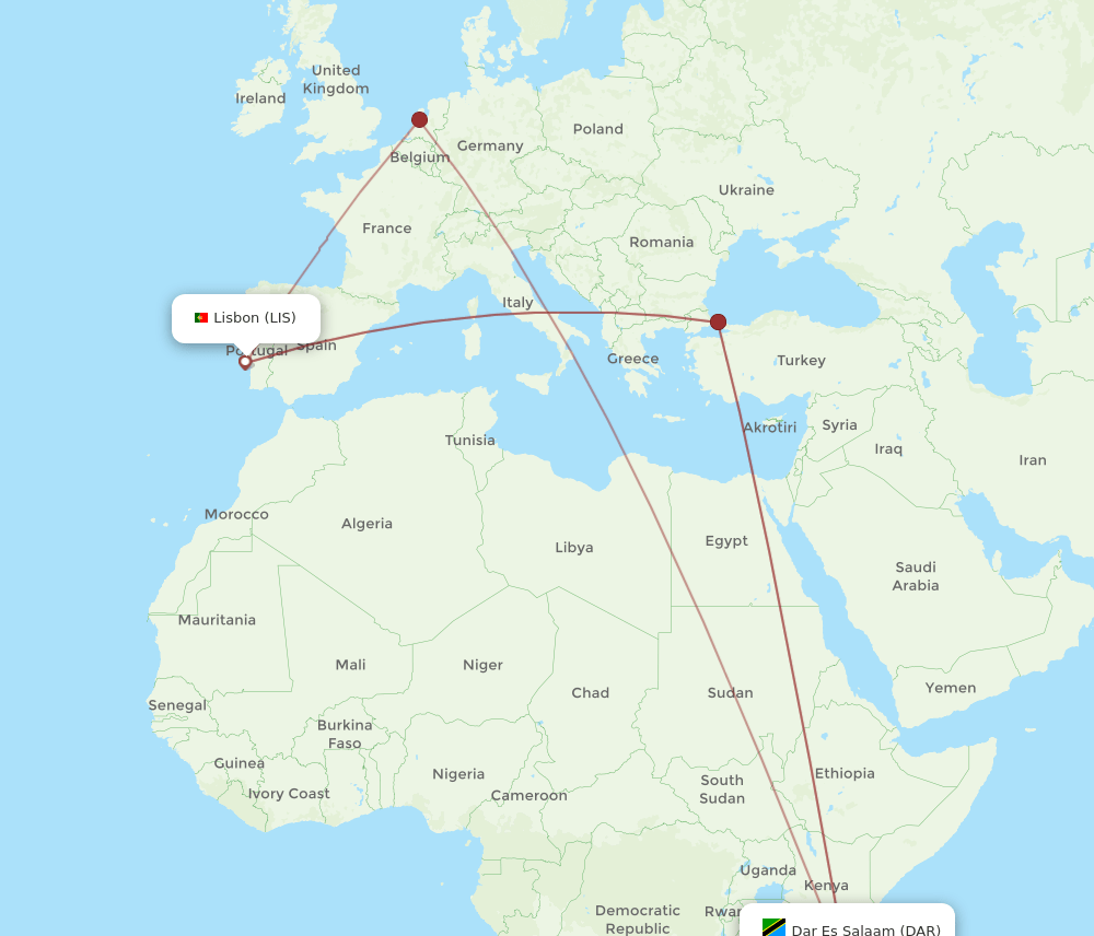 DAR to LIS flights and routes map