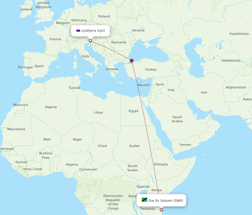 Ljubljana - Dar Es Salaam route map and flight paths