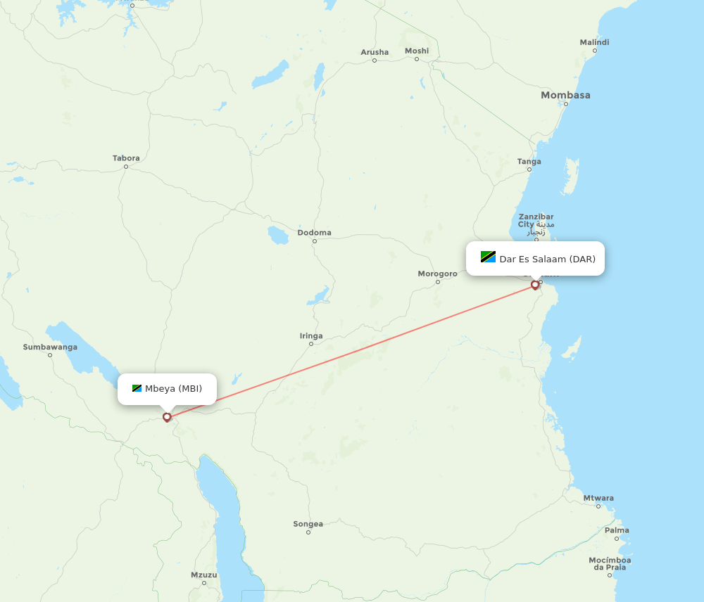Dar Es Salaam - Mbeya route map and flight paths