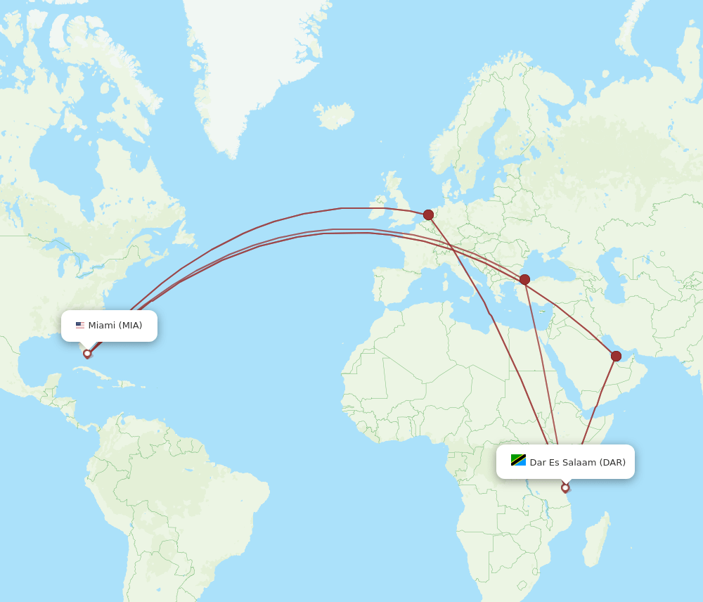 DAR to MIA flights and routes map
