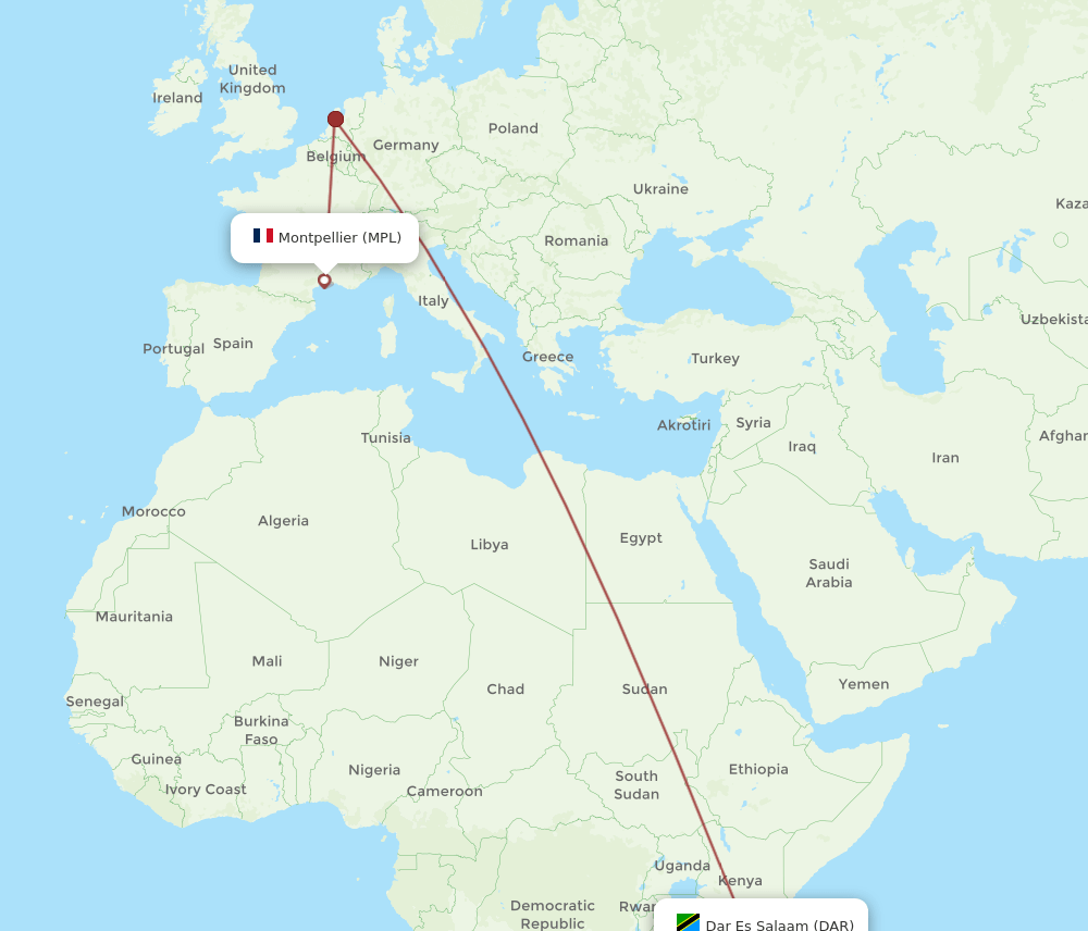 Dar Es Salaam - Montpellier route map and flight paths