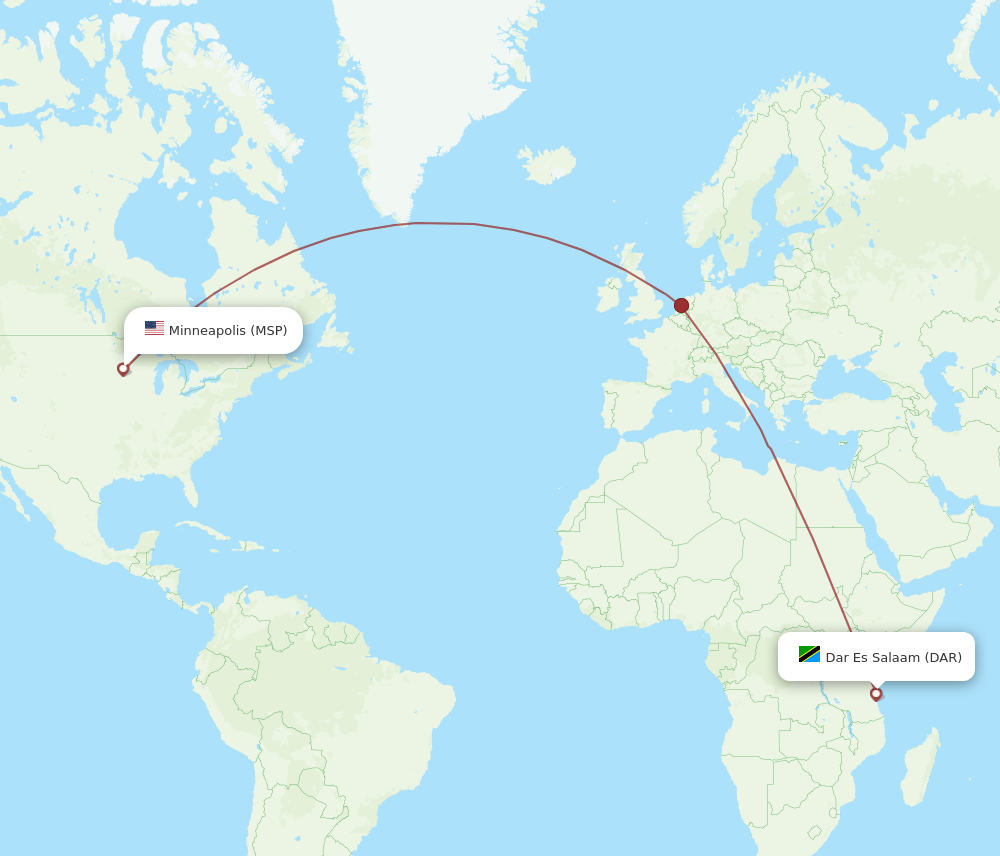 Minneapolis - Dar Es Salaam route map and flight paths