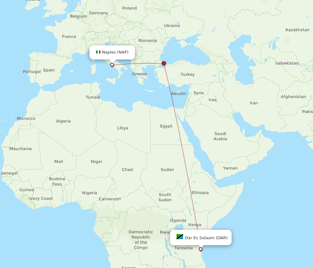 Naples - Dar Es Salaam route map and flight paths