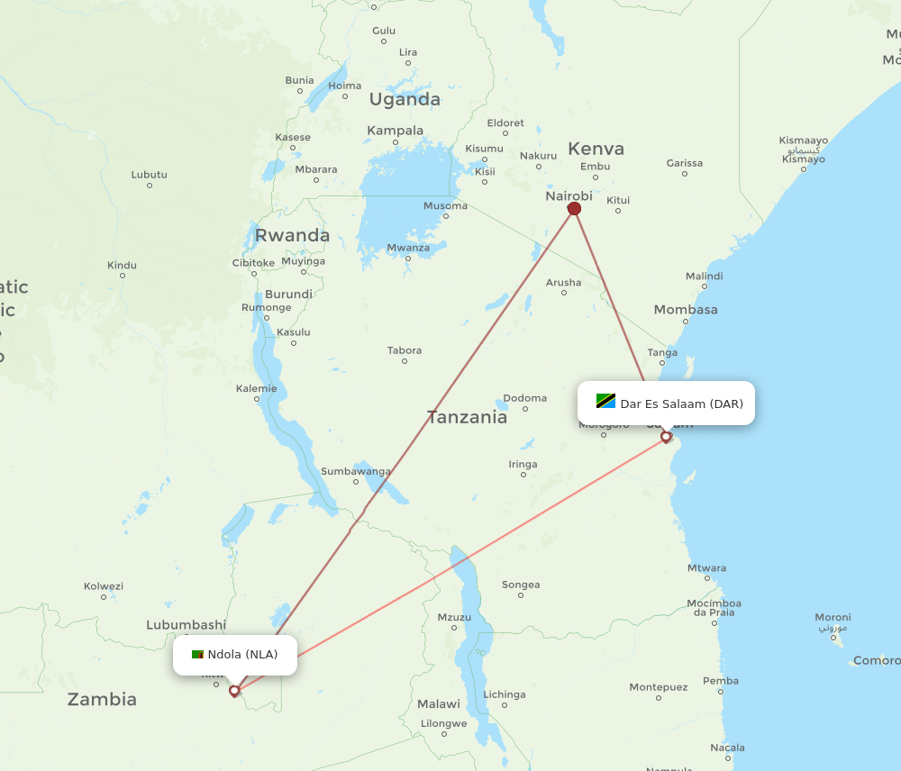 DAR to NLA flights and routes map