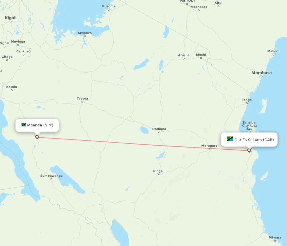 Dar Es Salaam - Mpanda route map and flight paths