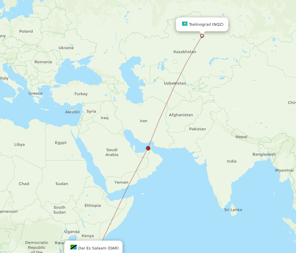 Astana - Dar Es Salaam route map and flight paths