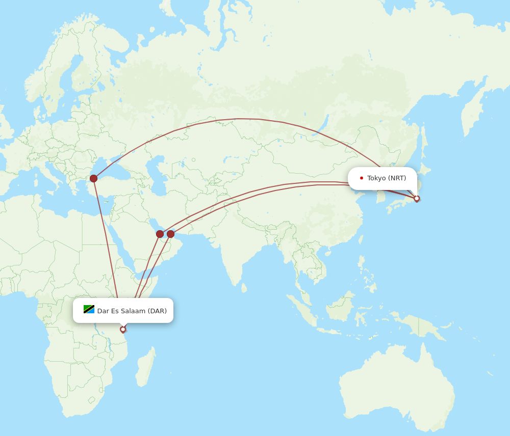 DAR to NRT flights and routes map