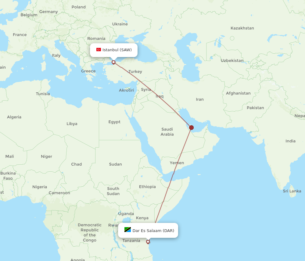 DAR to SAW flights and routes map