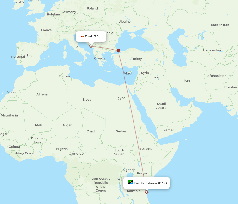 Tivat - Dar Es Salaam route map and flight paths