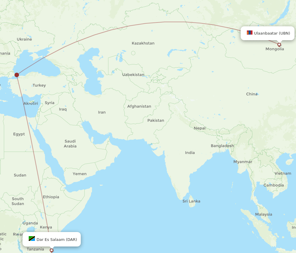 Ulaanbaatar - Dar Es Salaam route map and flight paths