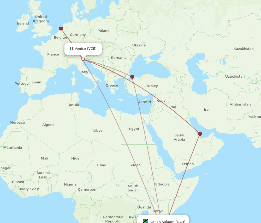 Venice - Dar Es Salaam route map and flight paths