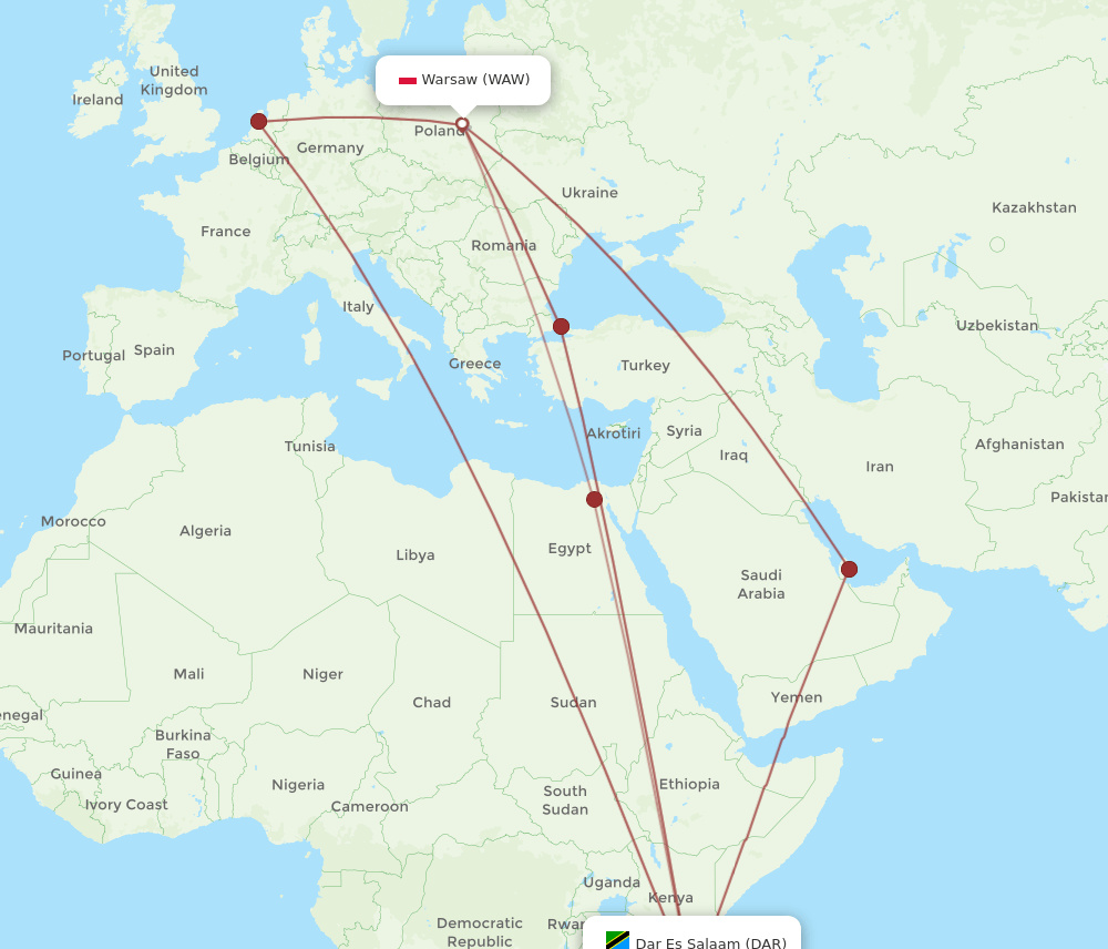 DAR-WAW flight routes