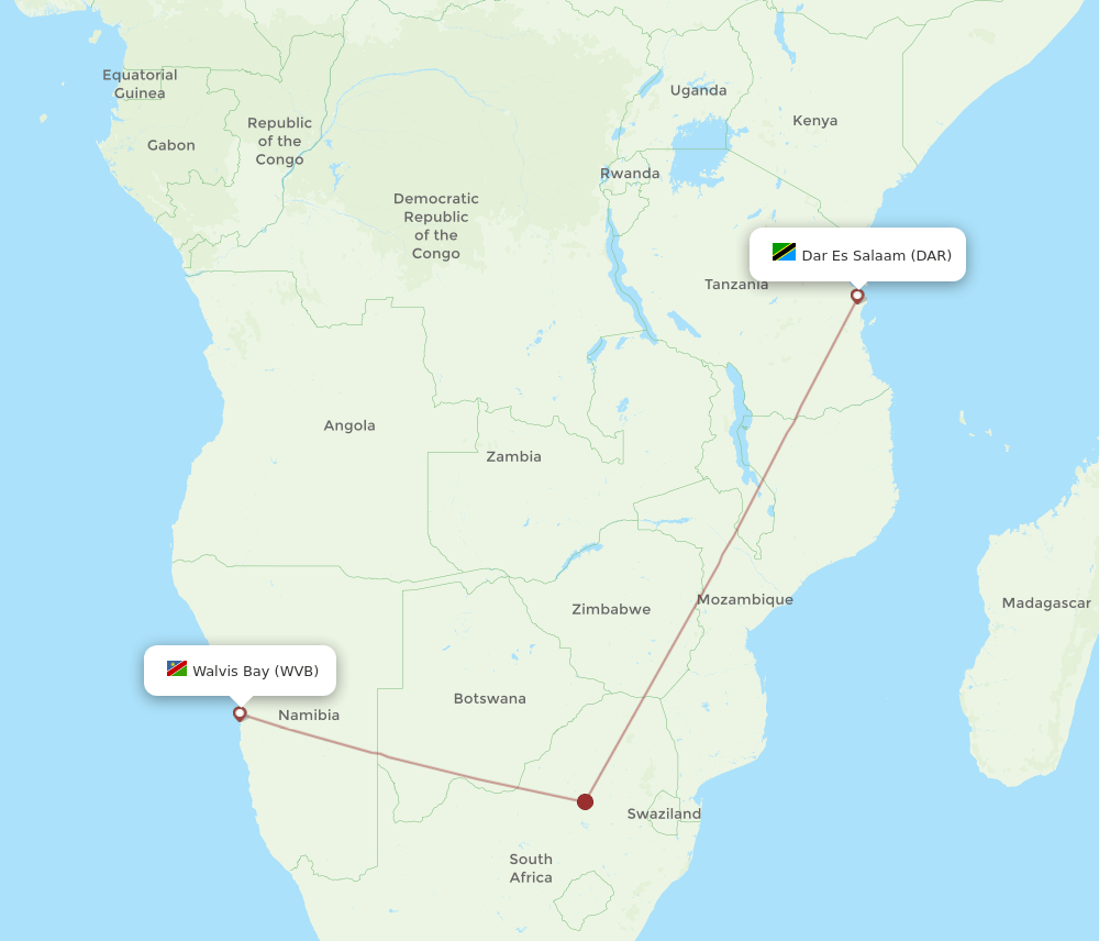 Walvis Bay - Dar Es Salaam route map and flight paths