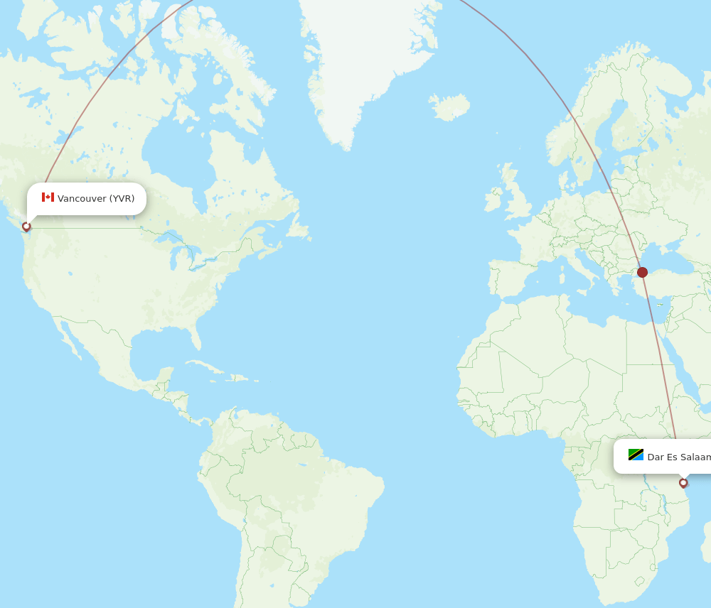 Vancouver - Dar Es Salaam route map and flight paths