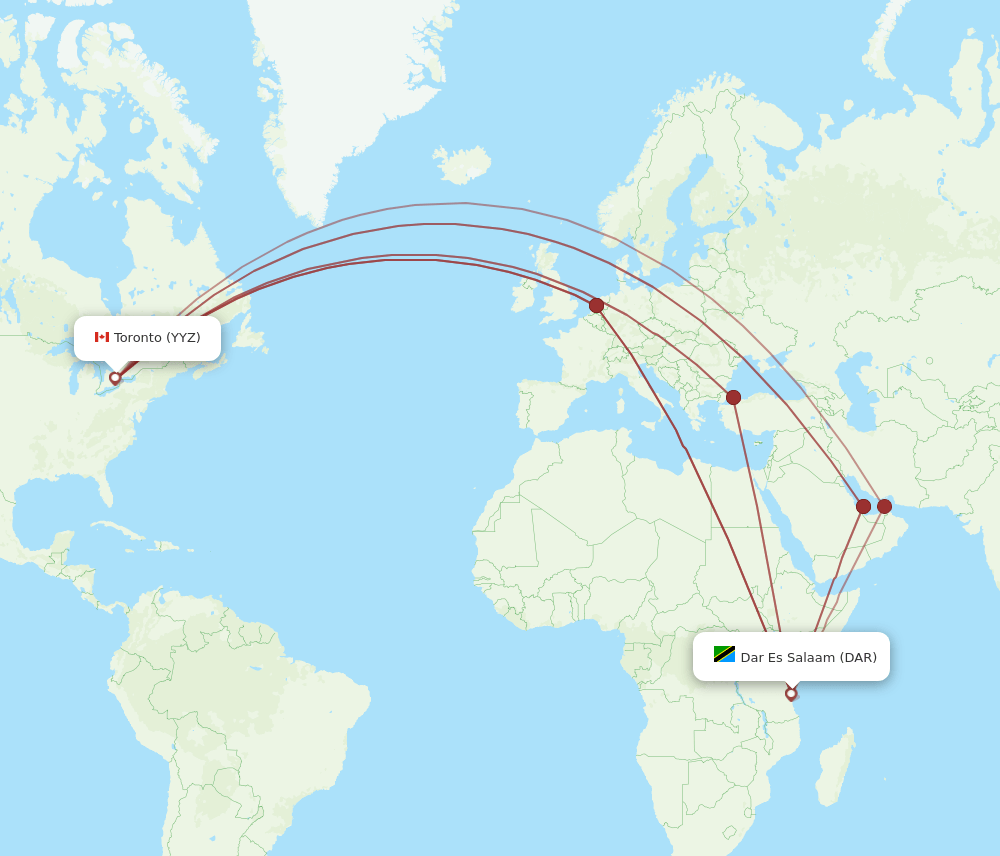 Toronto - Dar Es Salaam route map and flight paths