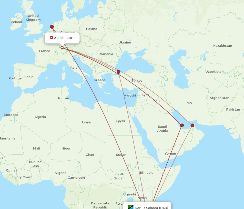 DAR-ZRH flight routes