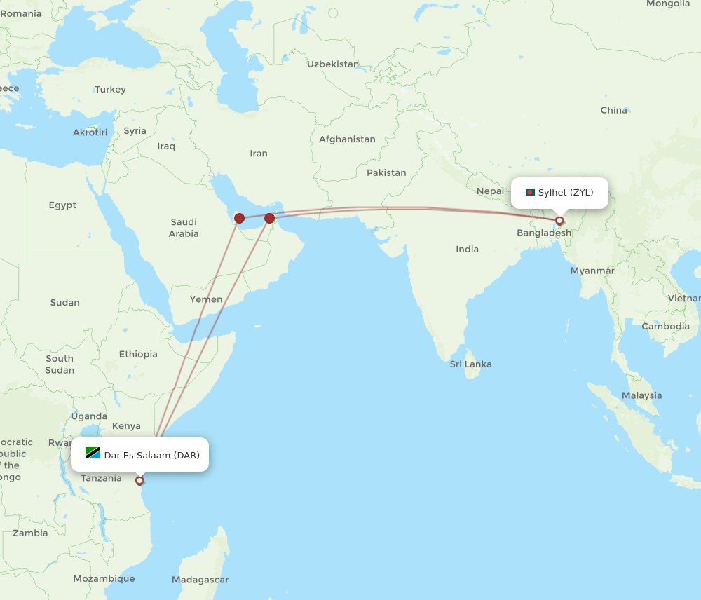 DAR-ZYL flight routes