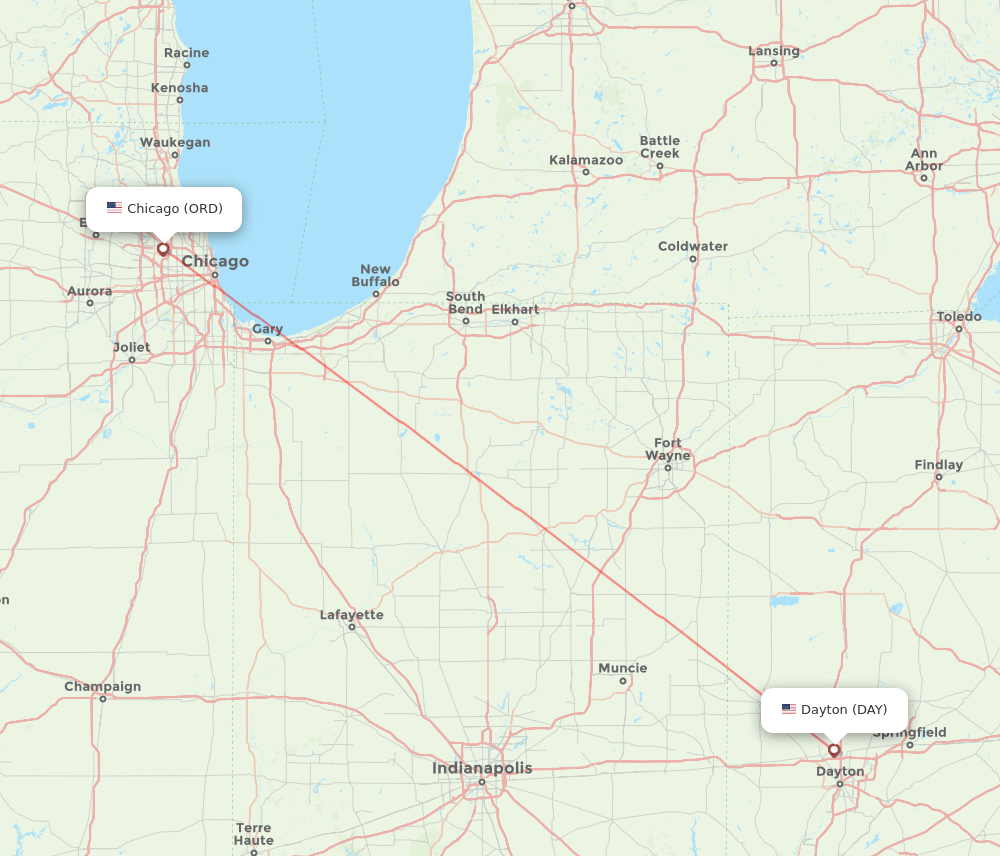 Dayton - Chicago route map and flight paths