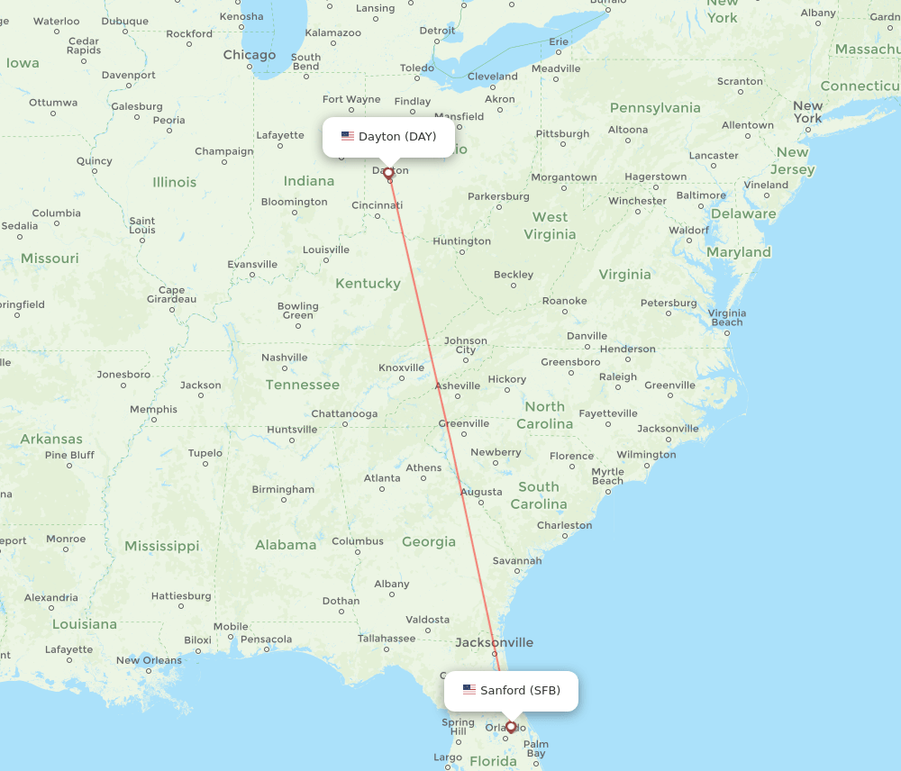 Dayton - Orlando route map and flight paths