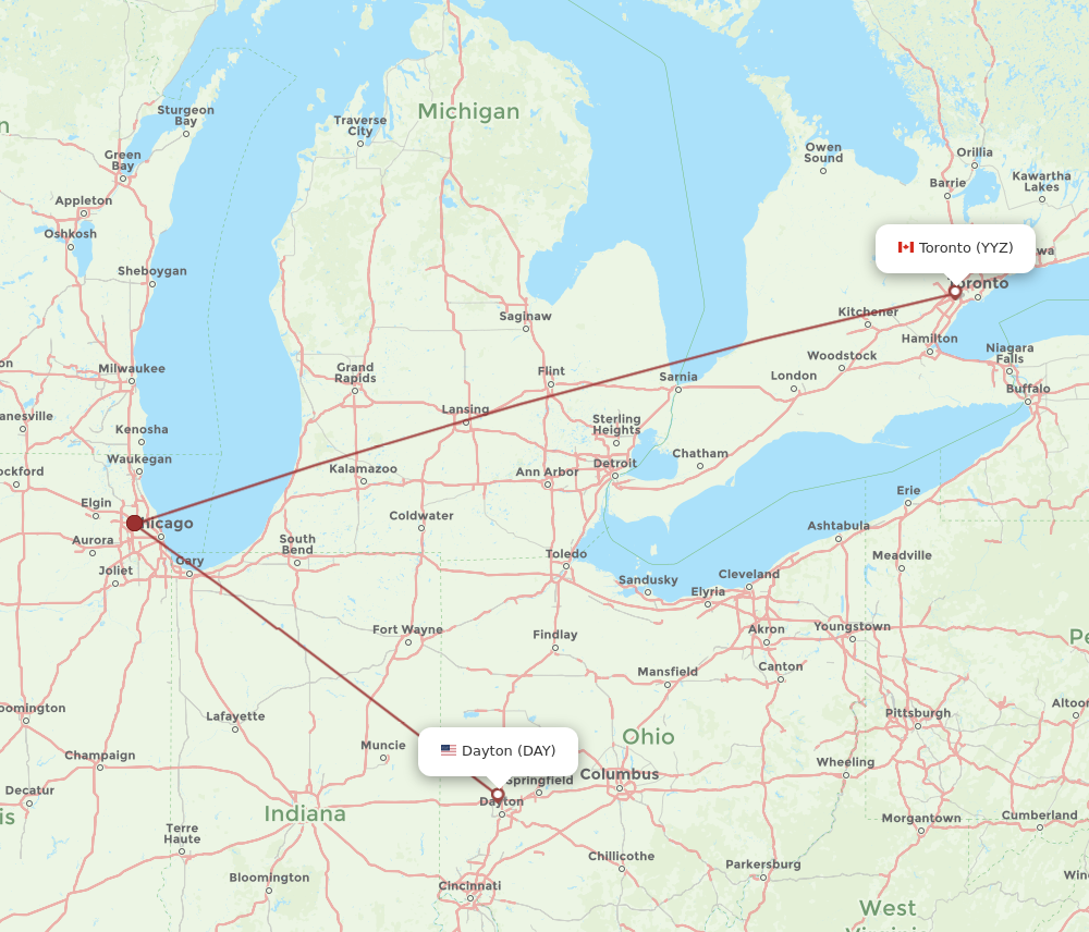 DAY to YYZ flights and routes map