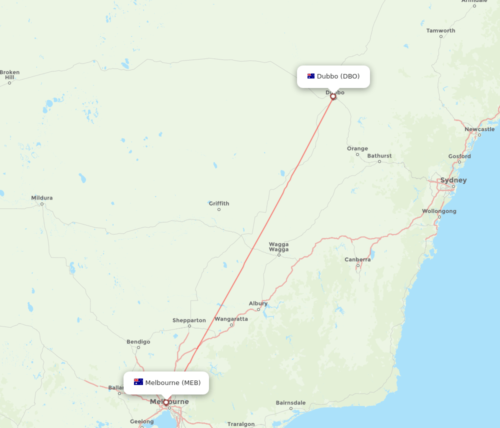Dubbo - Melbourne route map and flight paths