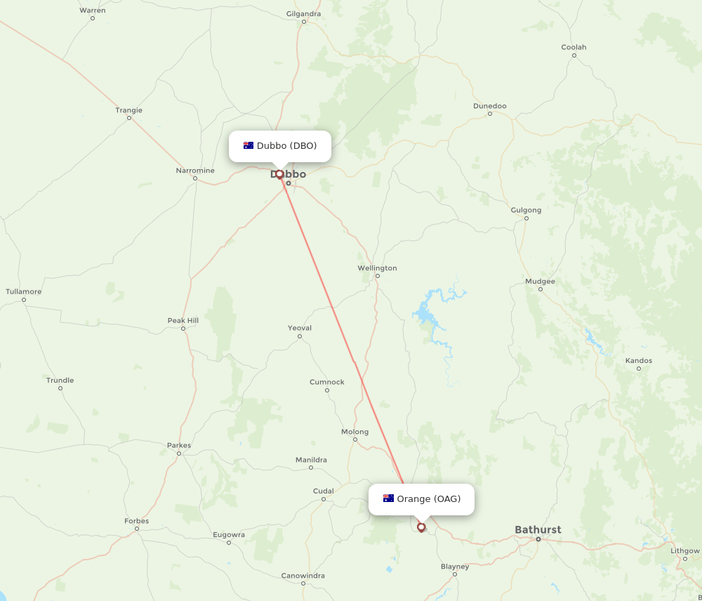 DBO to OAG flights and routes map