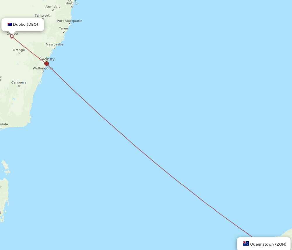 Queenstown - Dubbo route map and flight paths