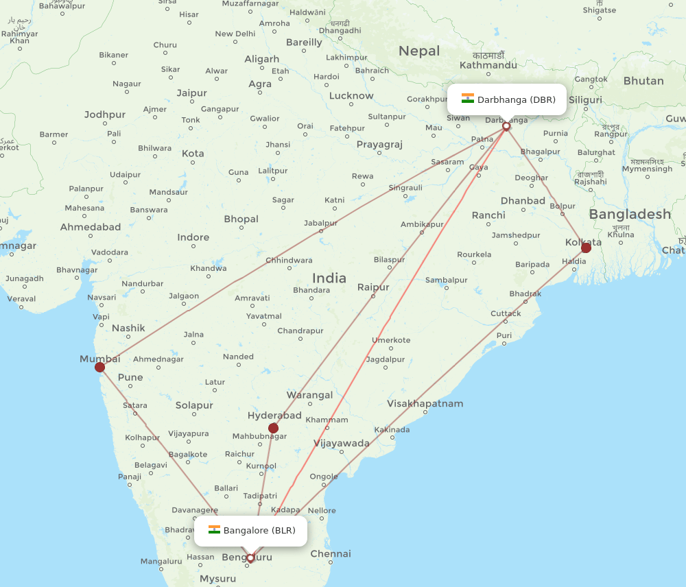 DBR-BLR flight routes