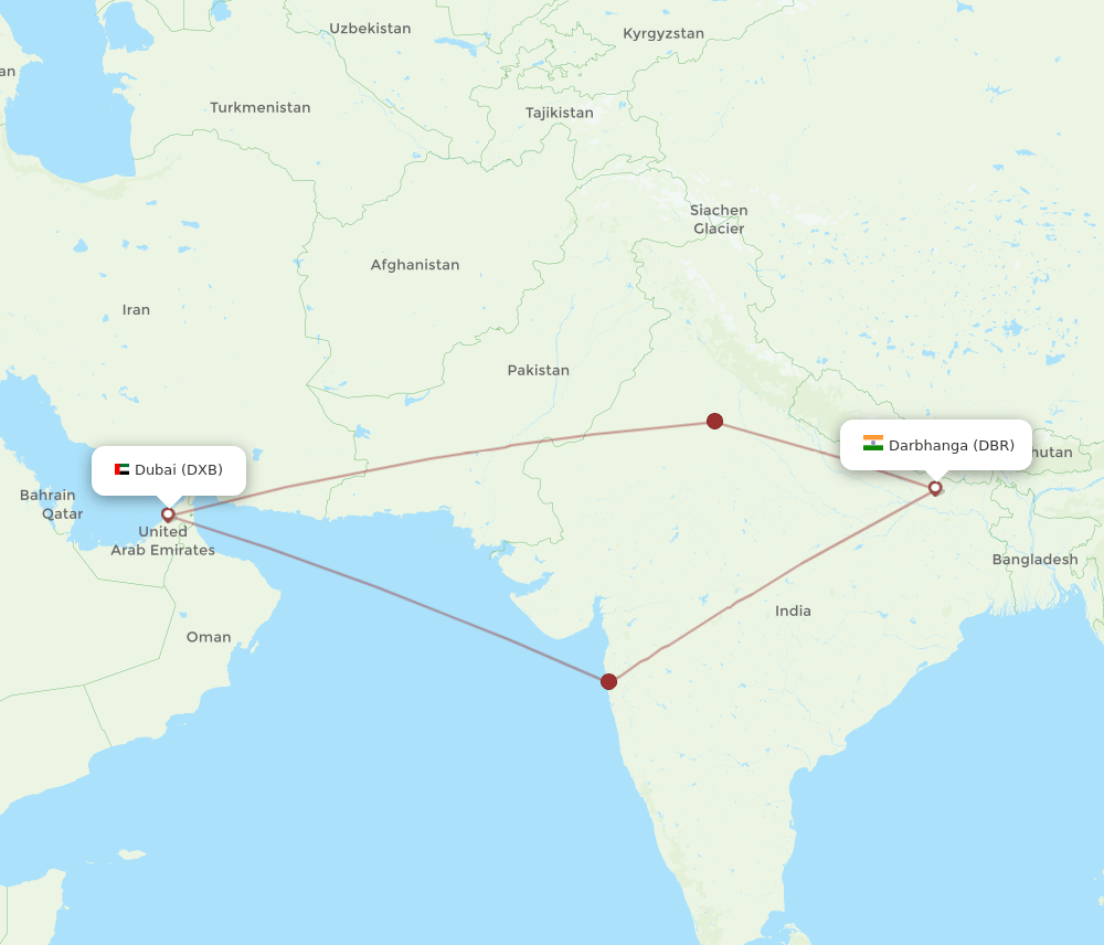 DBR to DXB flights and routes map