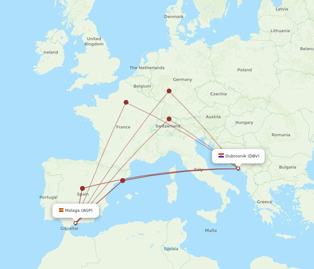 DBV to AGP flights and routes map