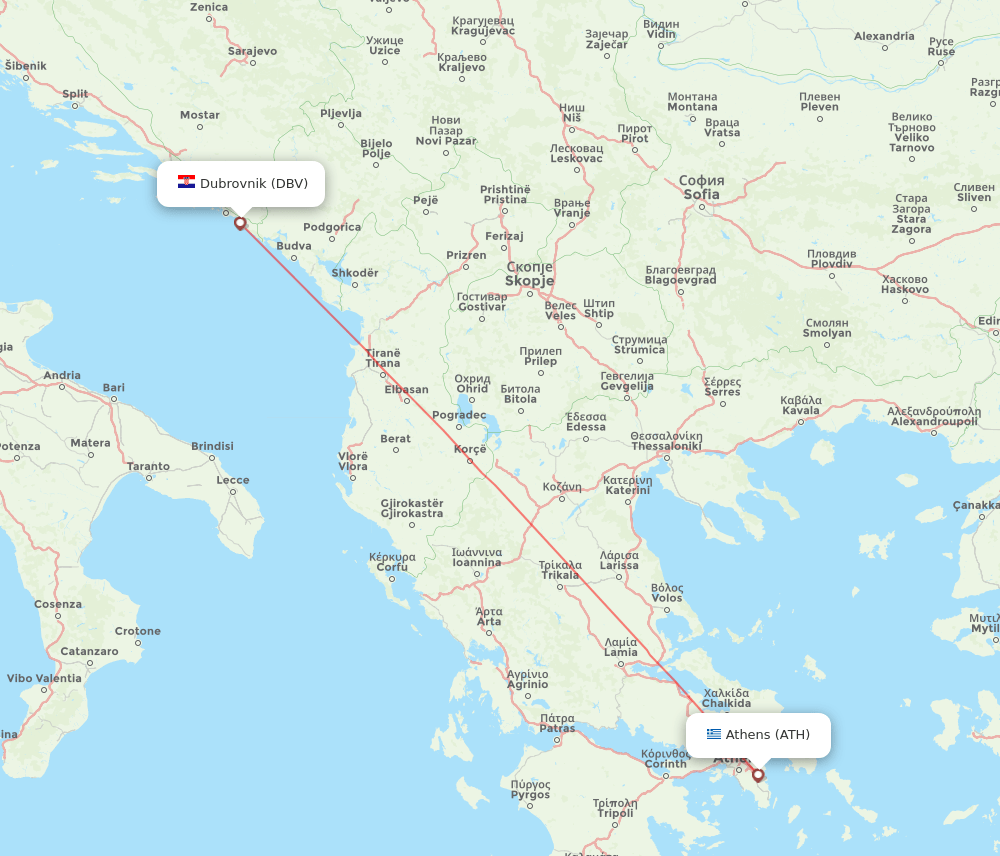 Dubrovnik - Athens route map and flight paths