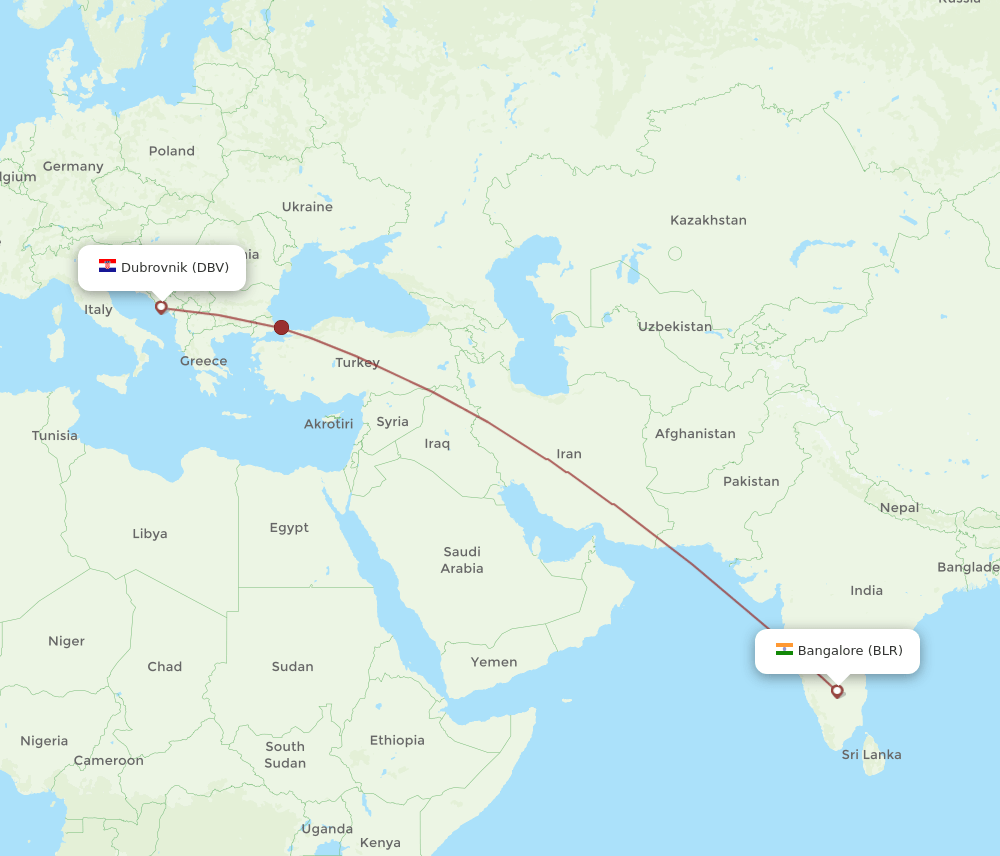 Bengaluru - Dubrovnik route map and flight paths