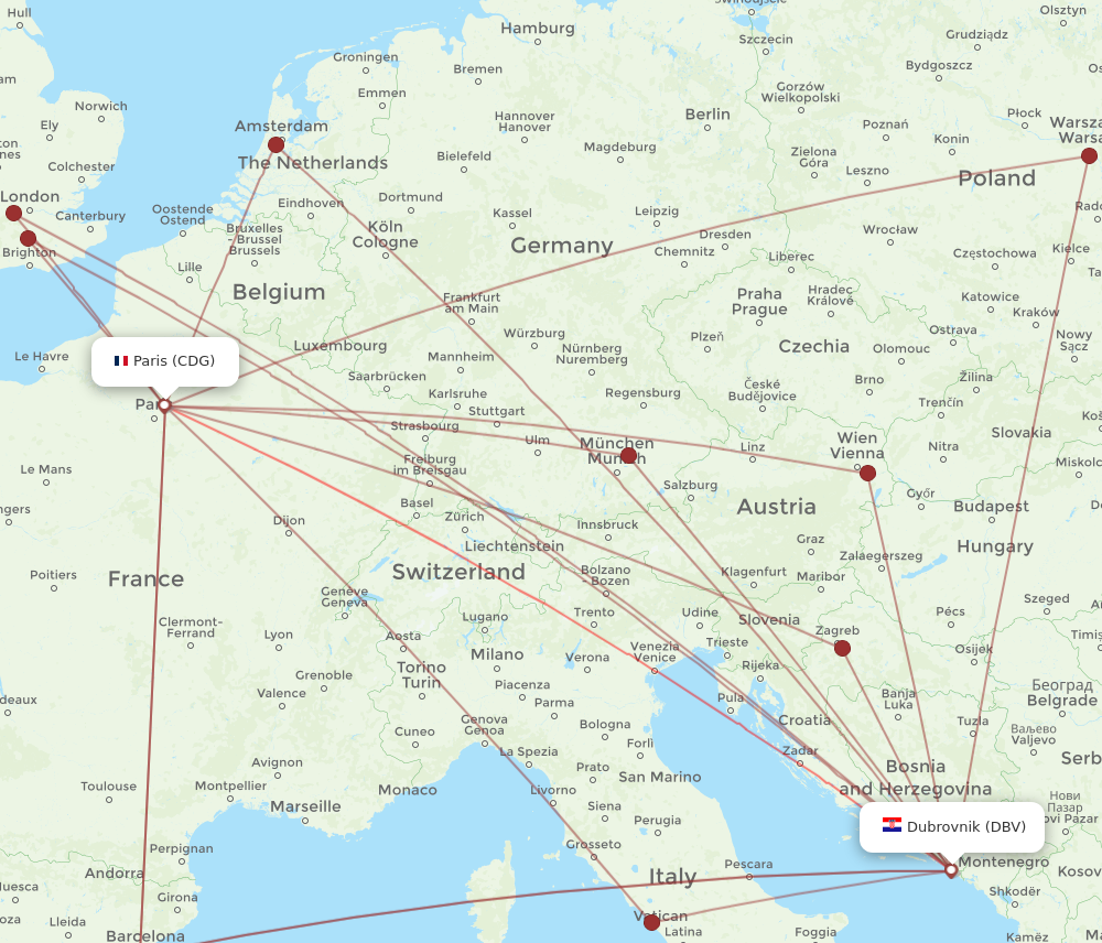 DBV to CDG flights and routes map
