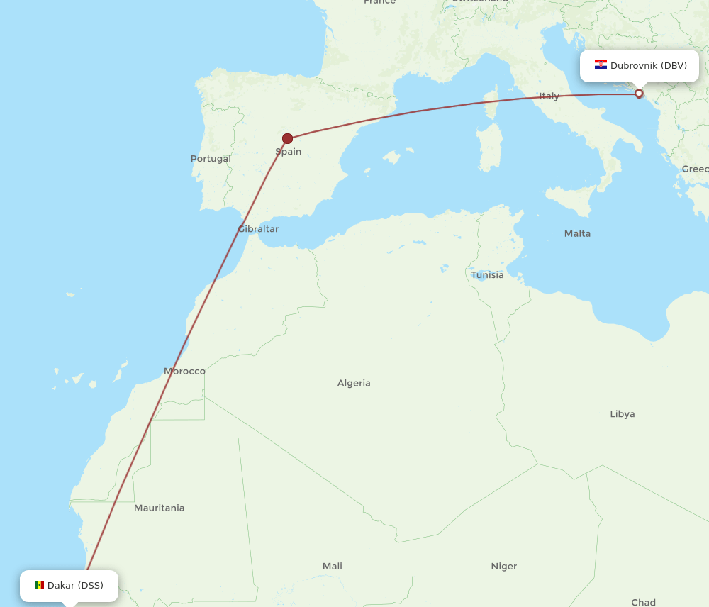 DBV to DSS flights and routes map