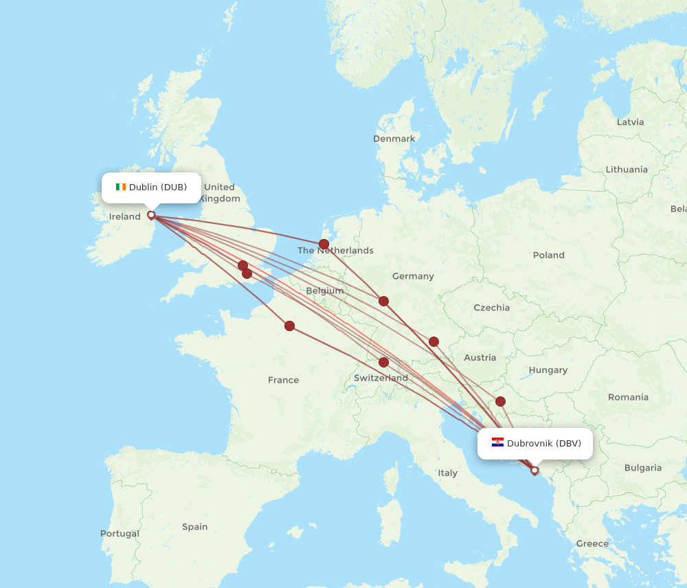 DBV to DUB flights and routes map