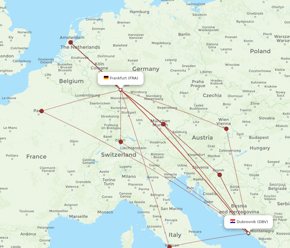 DBV to FRA flights and routes map