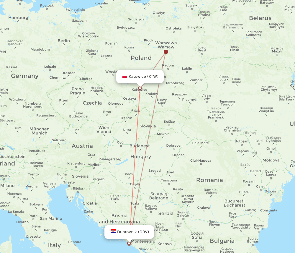 DBV to KTW flights and routes map