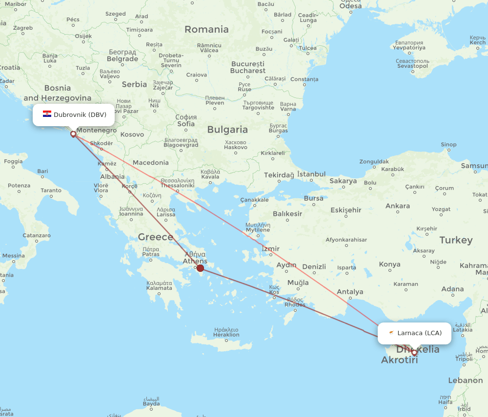 DBV to LCA flights and routes map