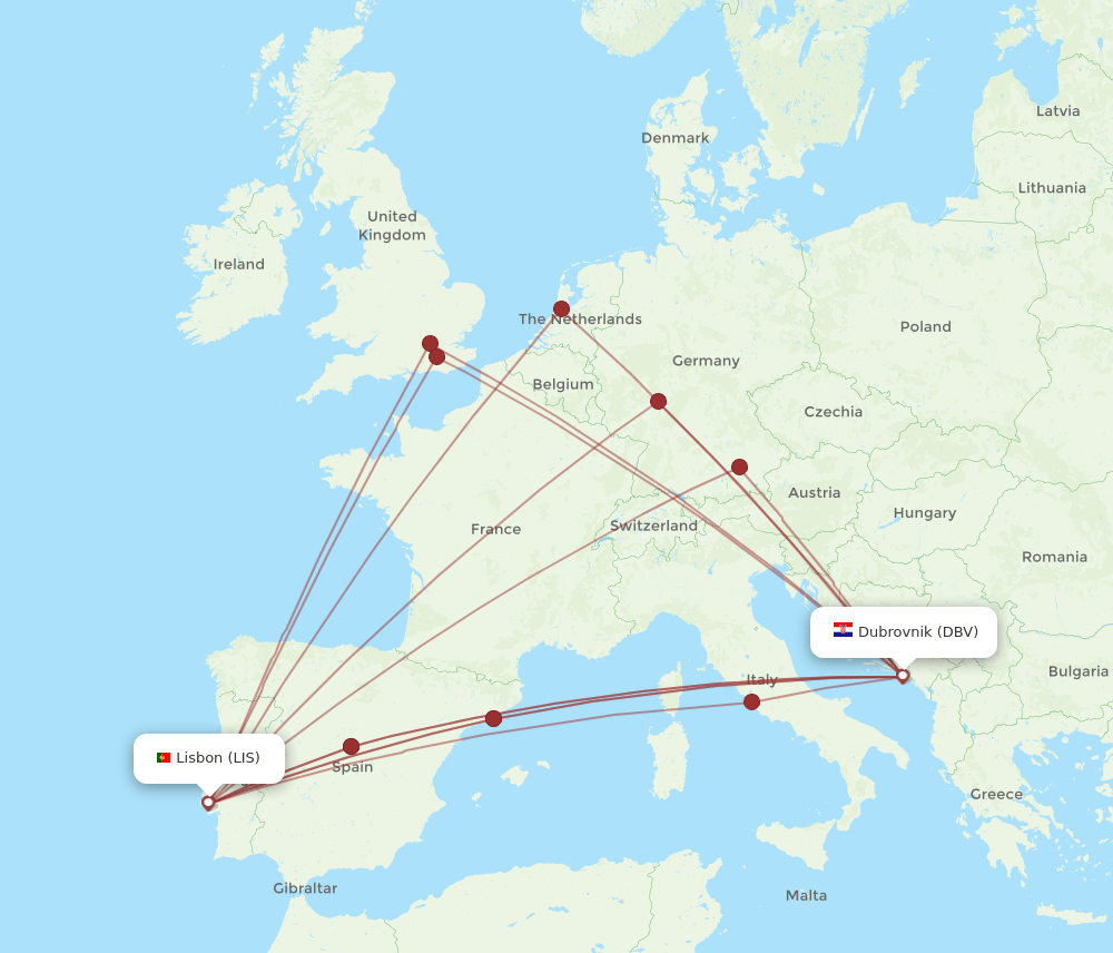 DBV to LIS flights and routes map