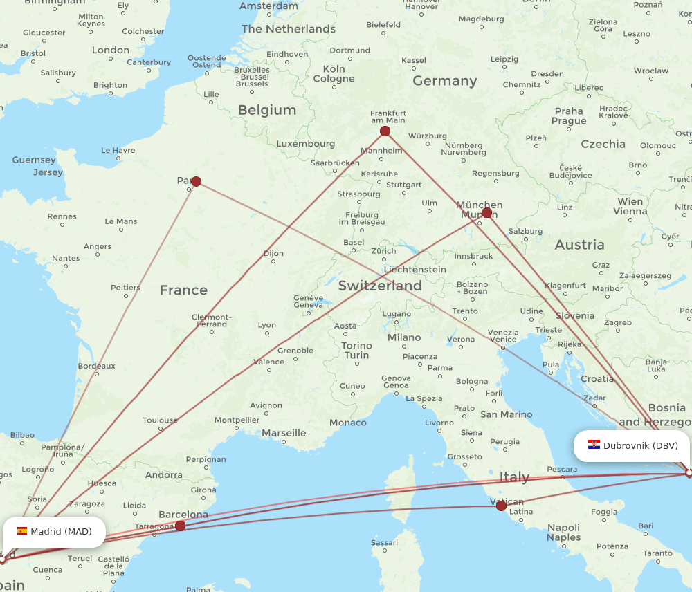 DBV to MAD flights and routes map