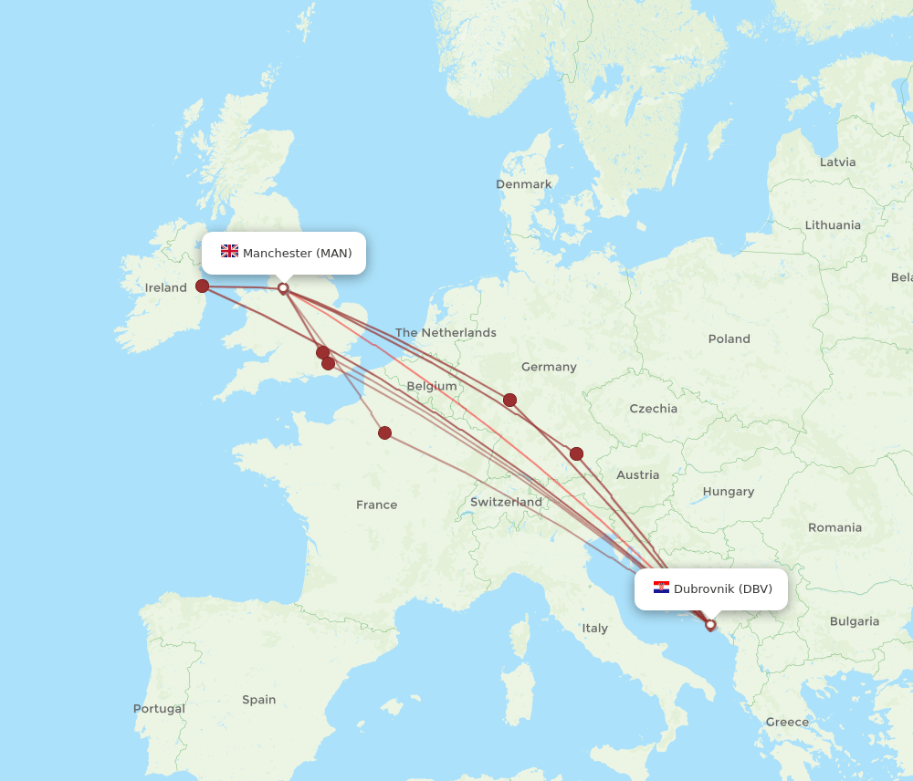 DBV to MAN flights and routes map