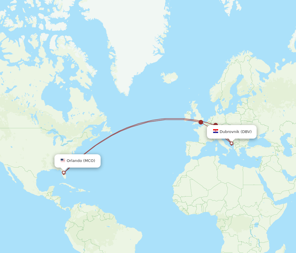 DBV to MCO flights and routes map