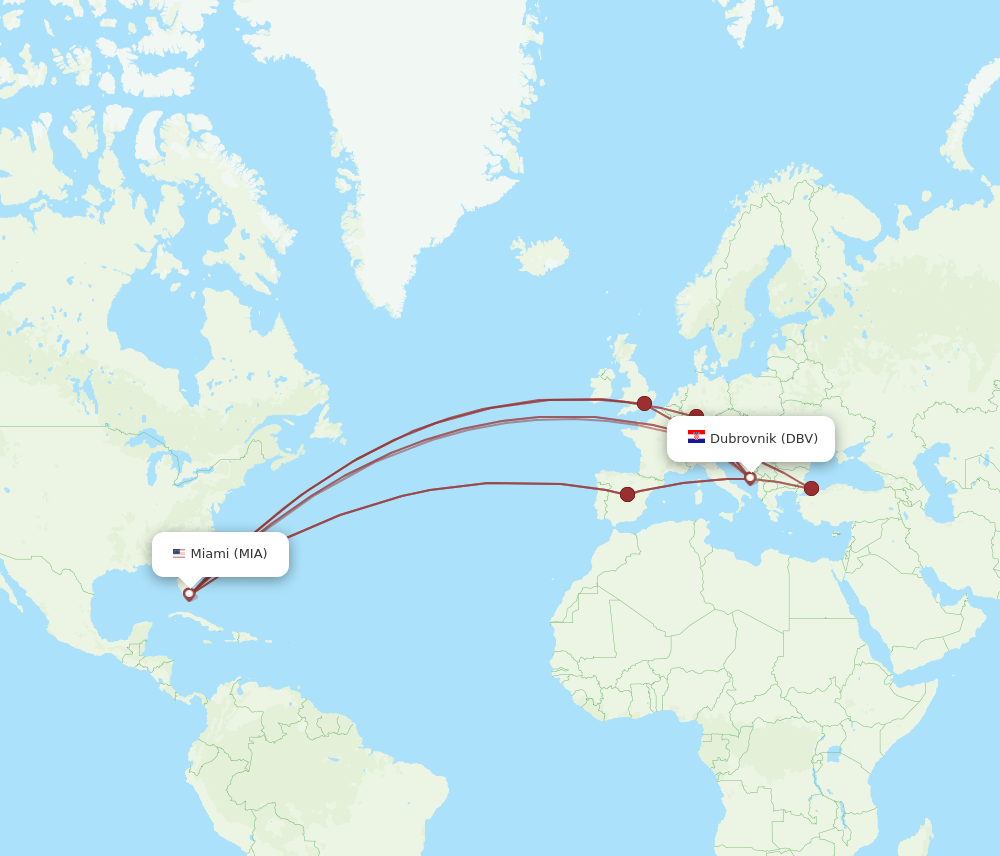 DBV to MIA flights and routes map
