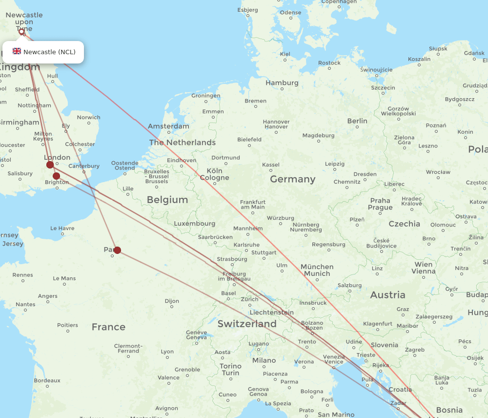 DBV-NCL flight routes