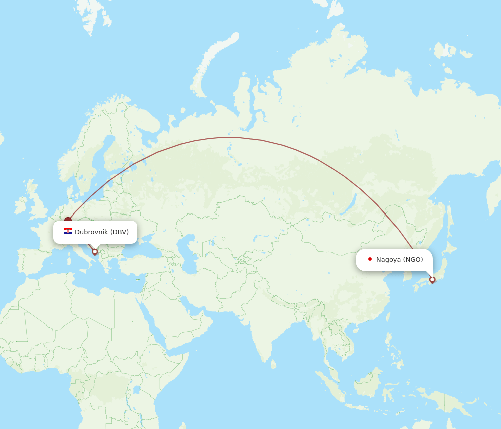 Nagoya - Dubrovnik route map and flight paths