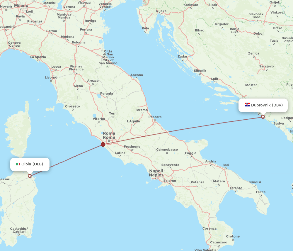 Dubrovnik - Olbia route map and flight paths