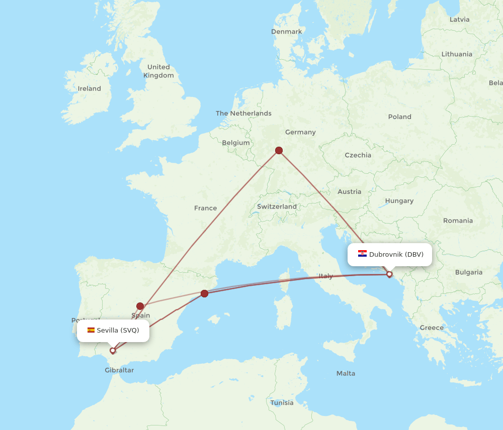 DBV to SVQ flights and routes map