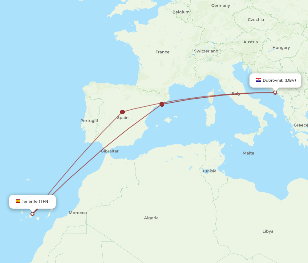 DBV to TFN flights and routes map