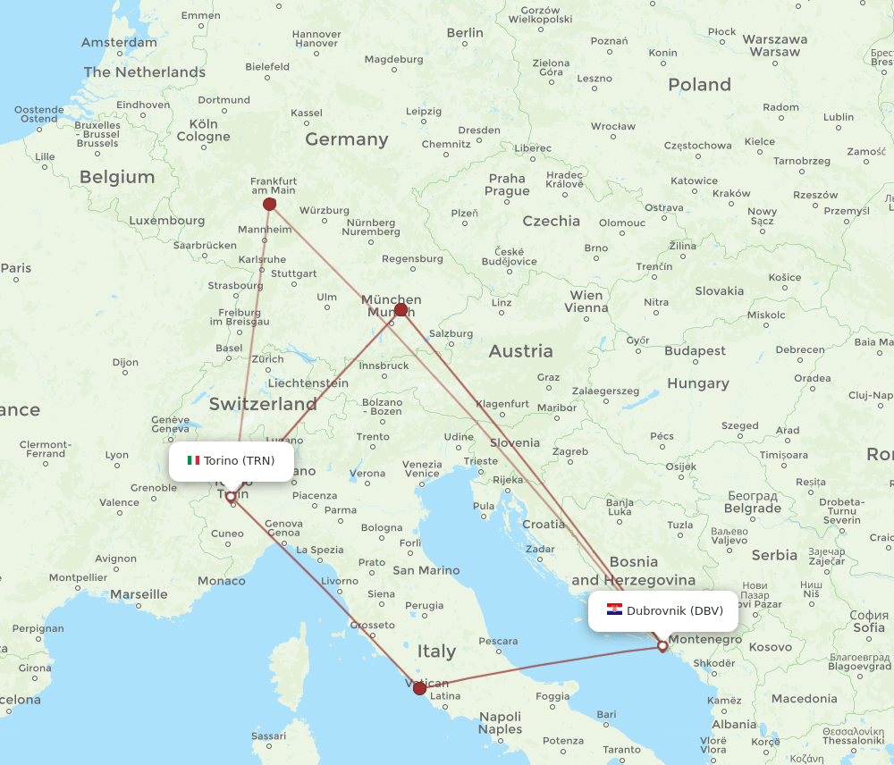 DBV to TRN flights and routes map