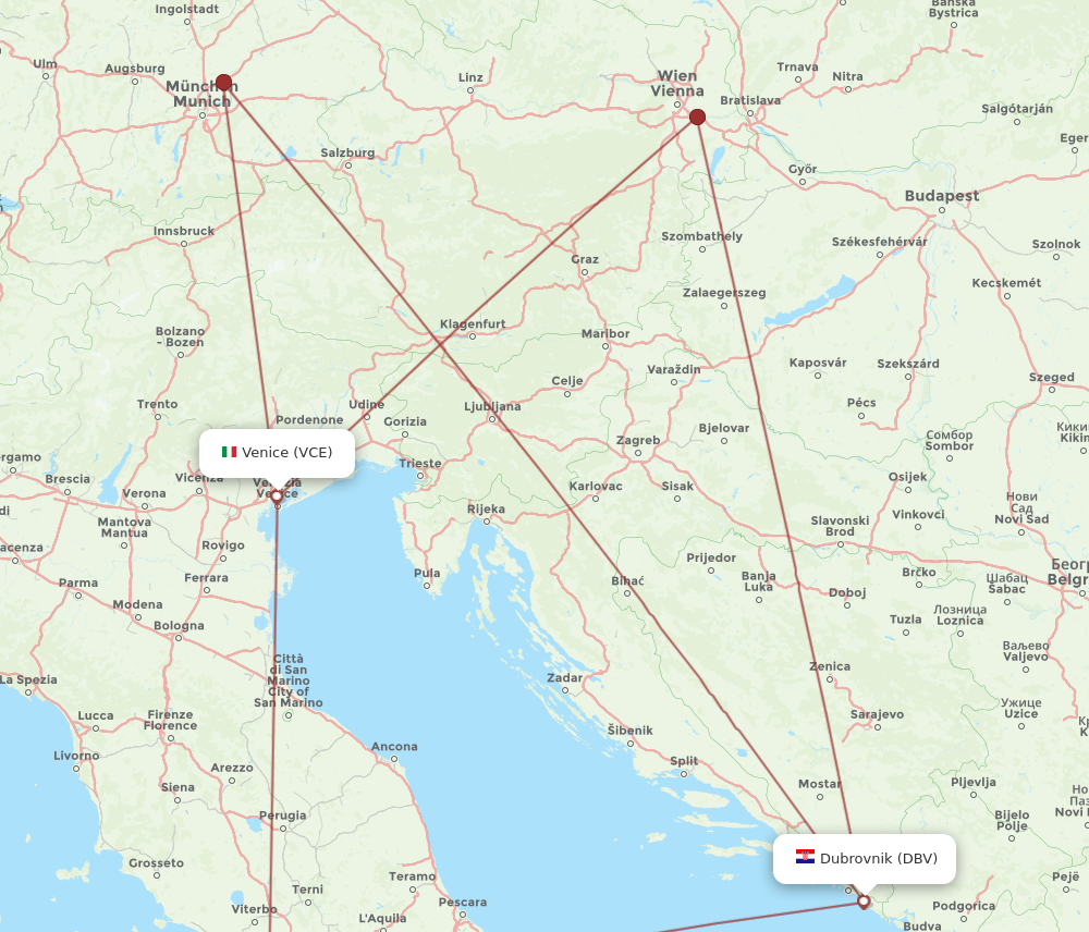 DBV to VCE flights and routes map